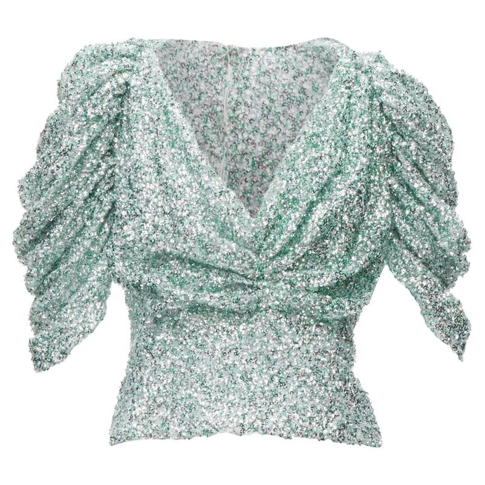 HALPERN seafoam green silver sequins deep V puff sleeves top FR36 XS